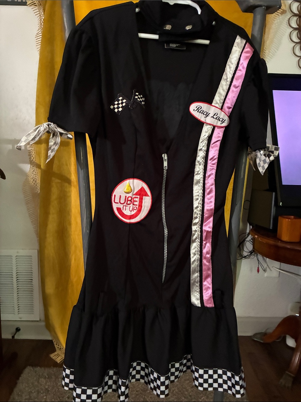 Leg Avenue Black Costume Dress with Pink and Silver Racing Stripes